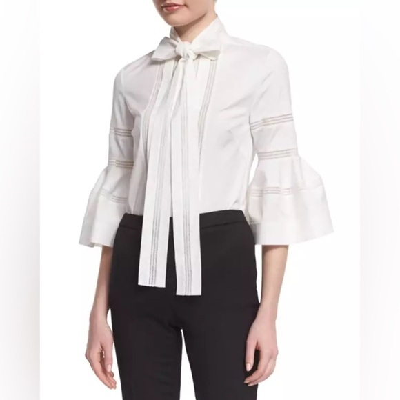 Carolina Herrera Bell Sleeve Tie Neck Cotton Blouse in White Size 8. - Picture 1 of 13
